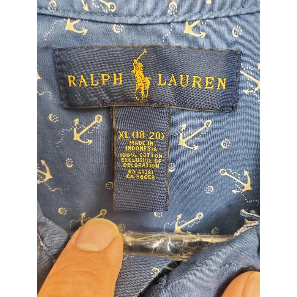 Ralph Lauren Shirt Boys XL 18-20 Blue Anchor Button Down Long Sleeve Nautical‎